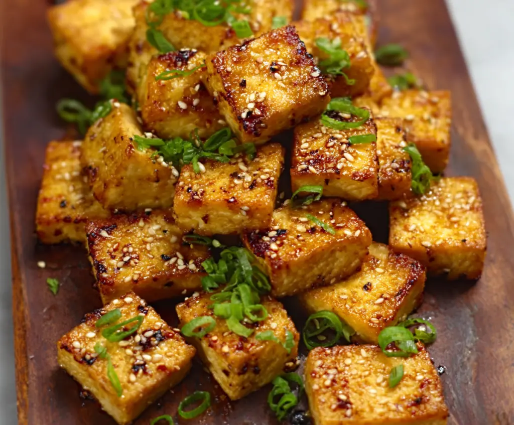 Golden crispy air fryer tofu served with fresh vegetables on a white plate