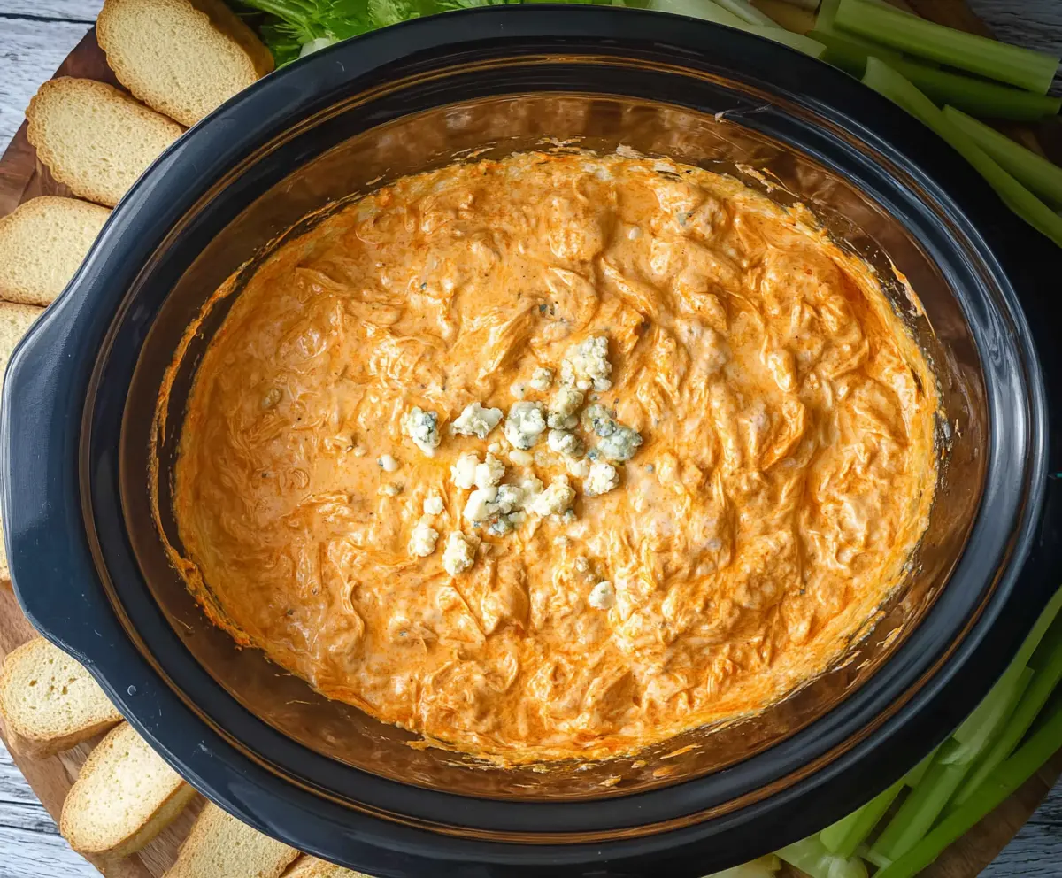 Creamy Crock Pot Buffalo Chicken Dip served with celery and nachos, perfect for parties.