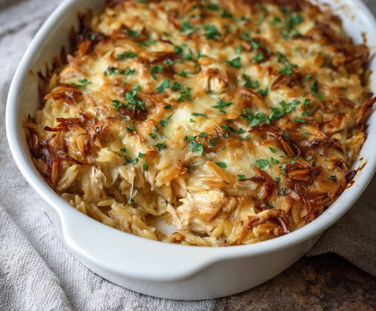 Easy French Onion Chicken Orzo Casserole