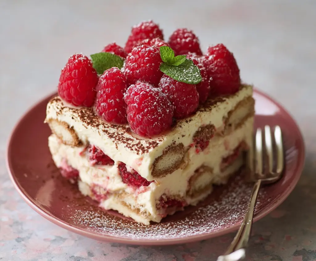 Delicious fresh raspberry tiramisu in a glass dessert cup, topped with cocoa powder and ripe raspberries