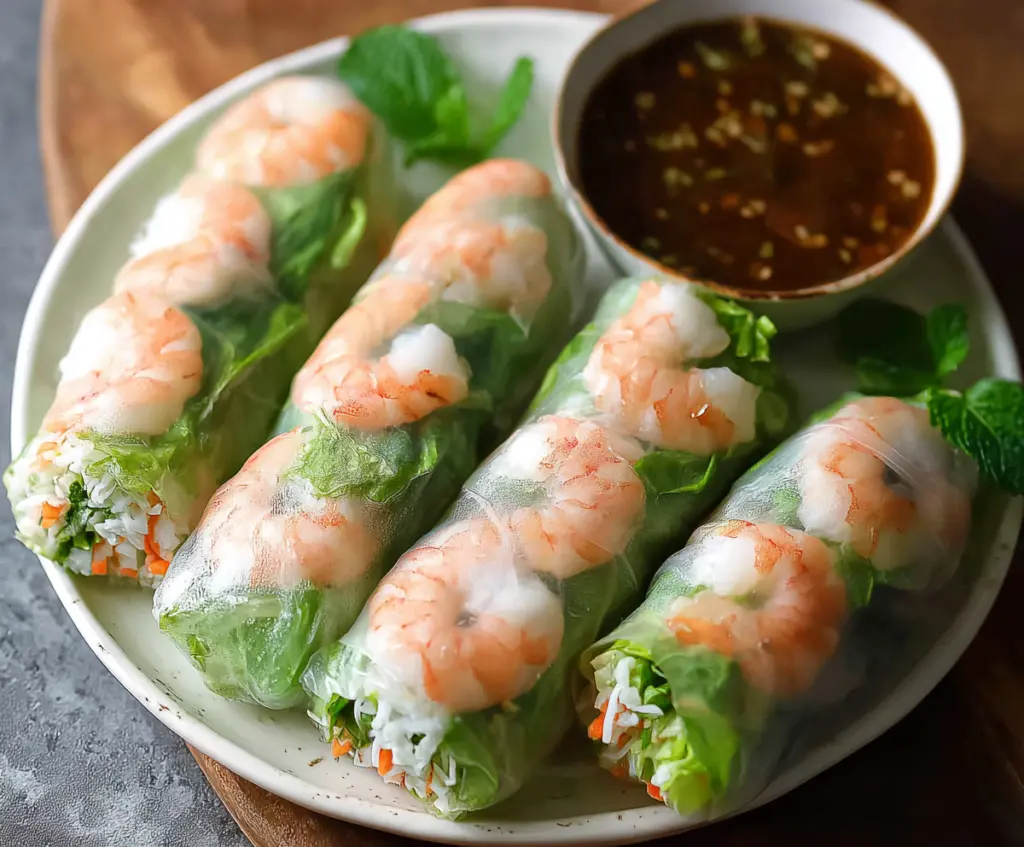 Fresh Vietnamese Shrimp Spring Rolls with vibrant vegetables and rice paper on a platter.