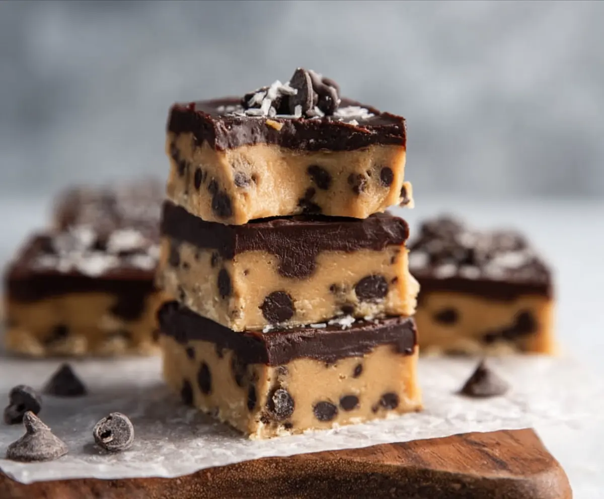 Delicious healthy no bake cookie dough bars on a plate, perfect for a nutritious snack.