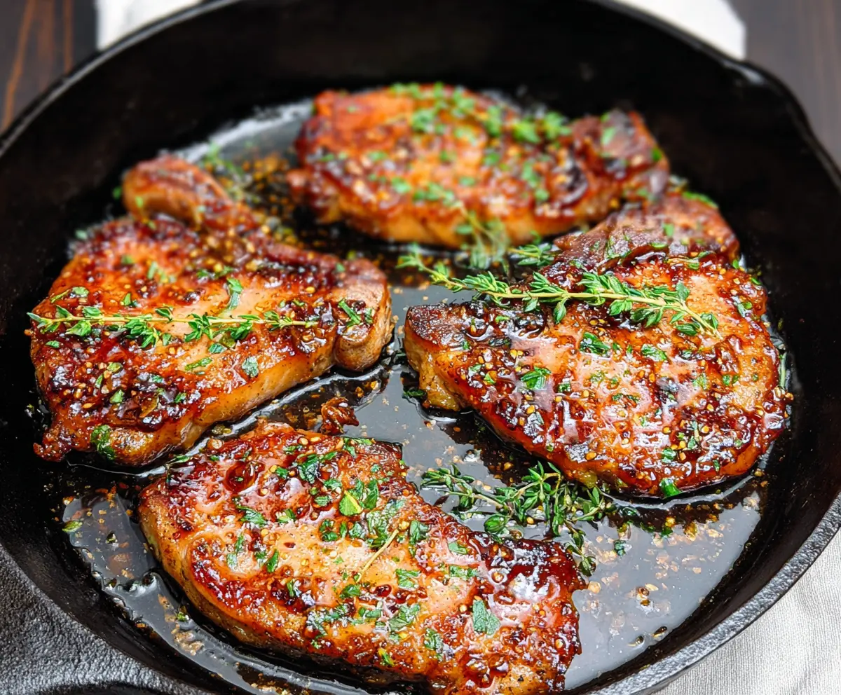 Juicy honey garlic pork chops garnished with fresh herbs on a rustic wooden table.
