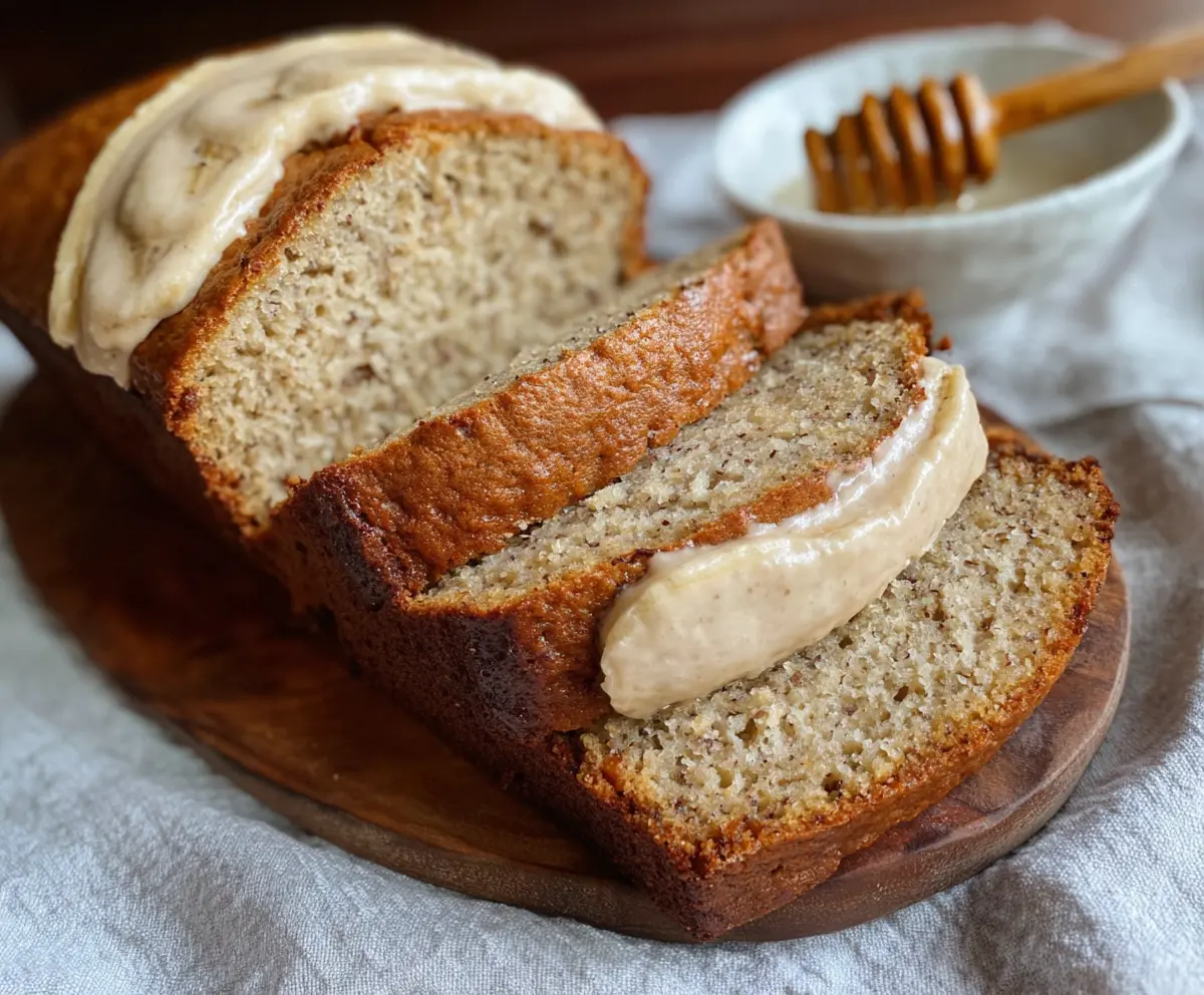 Delicious homemade honey vanilla banana bread sliced and ready to serve