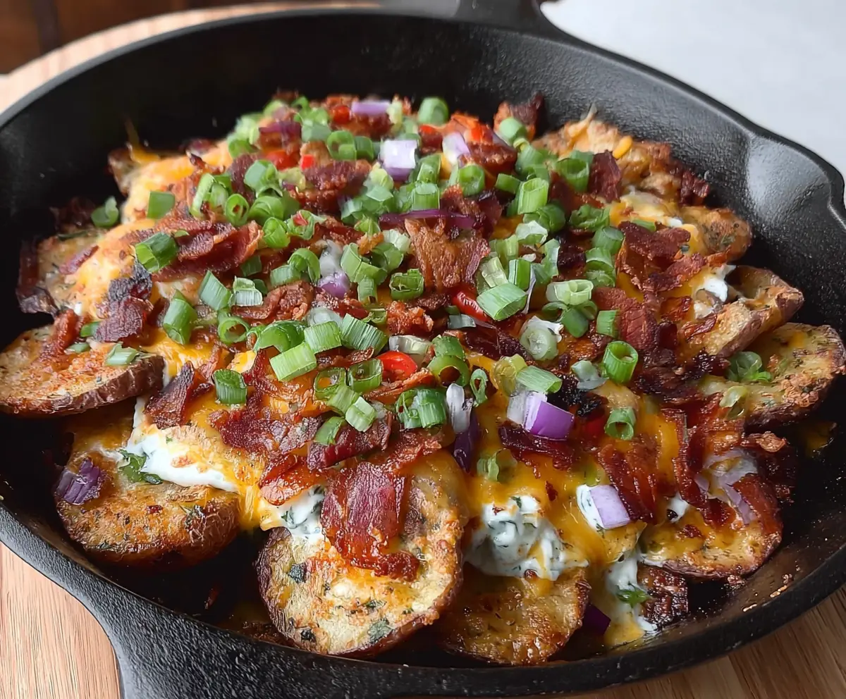 Cheesy Irish Pub Potato Nachos topped with green onions and served with dipping sauce