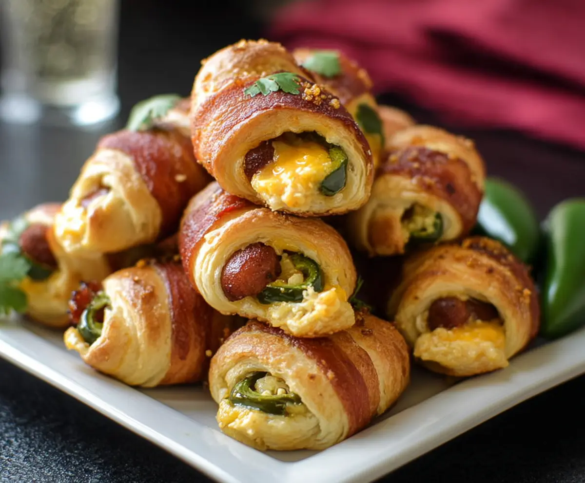 Delicious jalapeno popper pigs in a blanket appetizer with crispy bacon and melted cheese