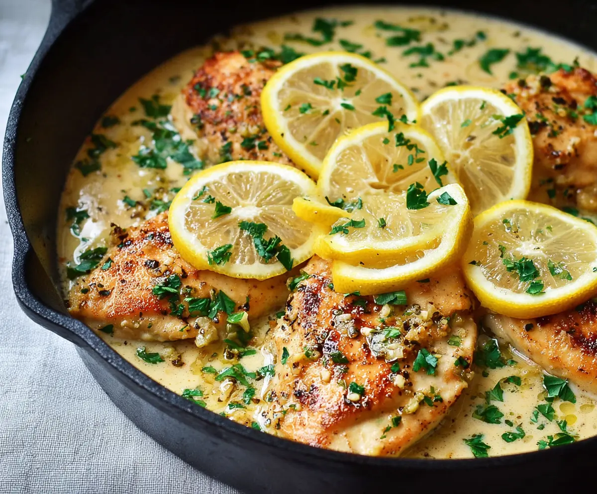 Juicy lemon garlic chicken skillet served with fresh herbs and vegetables