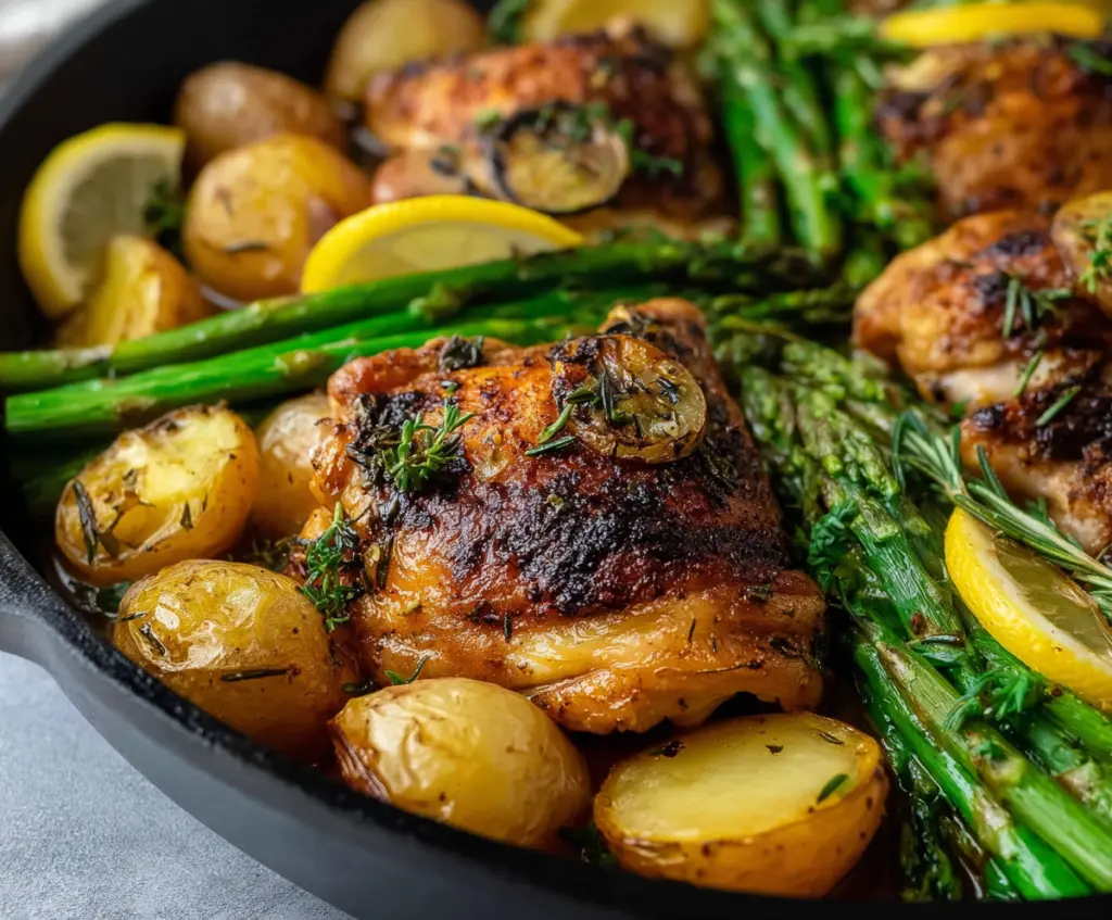 Lemon Herb Chicken Thighs with Asparagus and Baby Potatoes