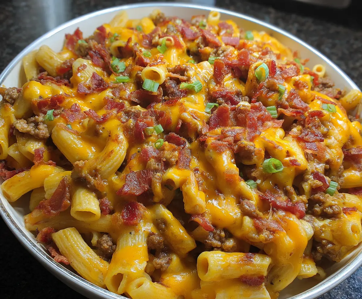 Hearty loaded bacon cheeseburger pasta with melted cheese, crispy bacon, and fresh toppings in a bowl.