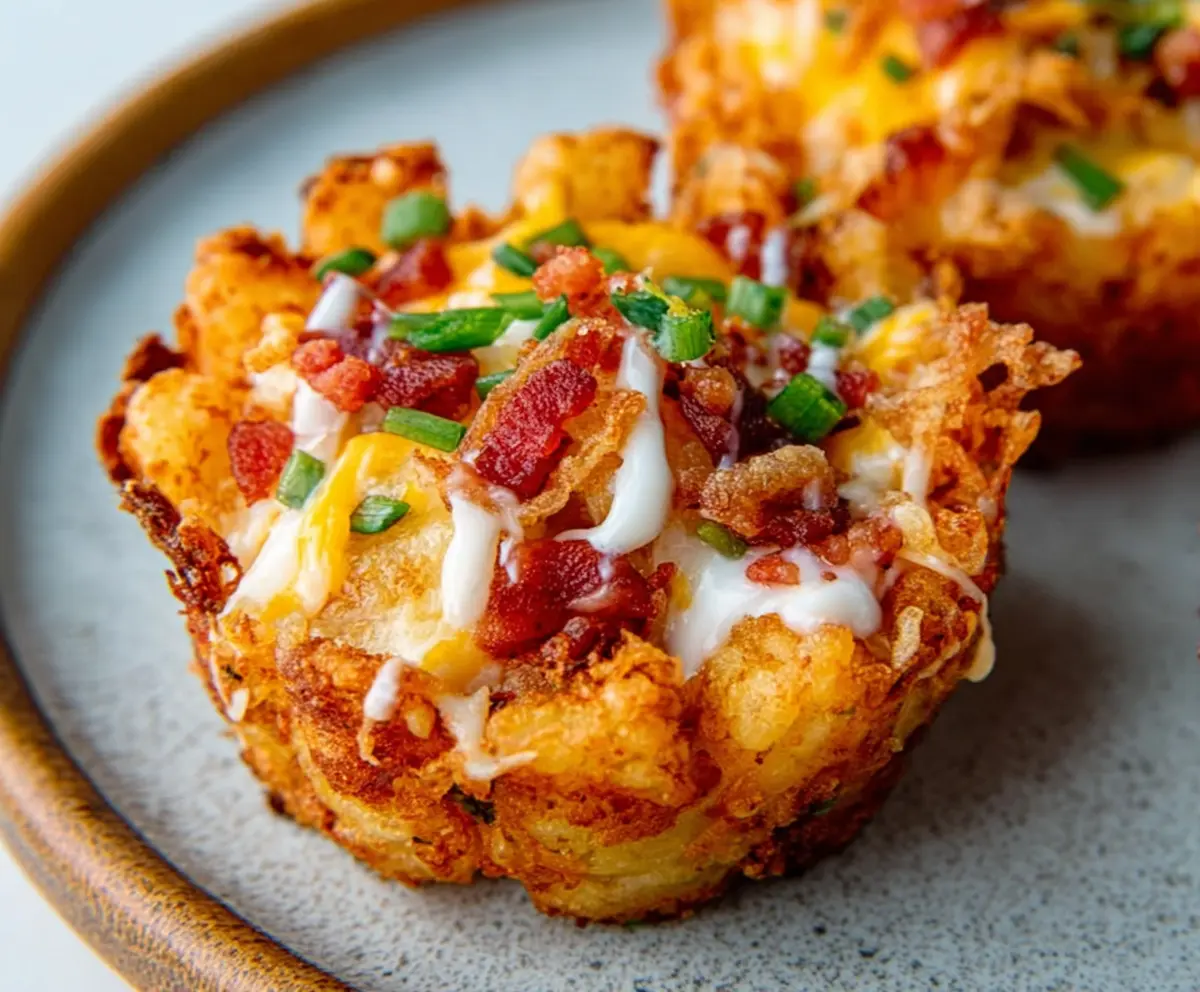Delicious loaded tater tot cup topped with cheese, bacon, and fresh herbs.