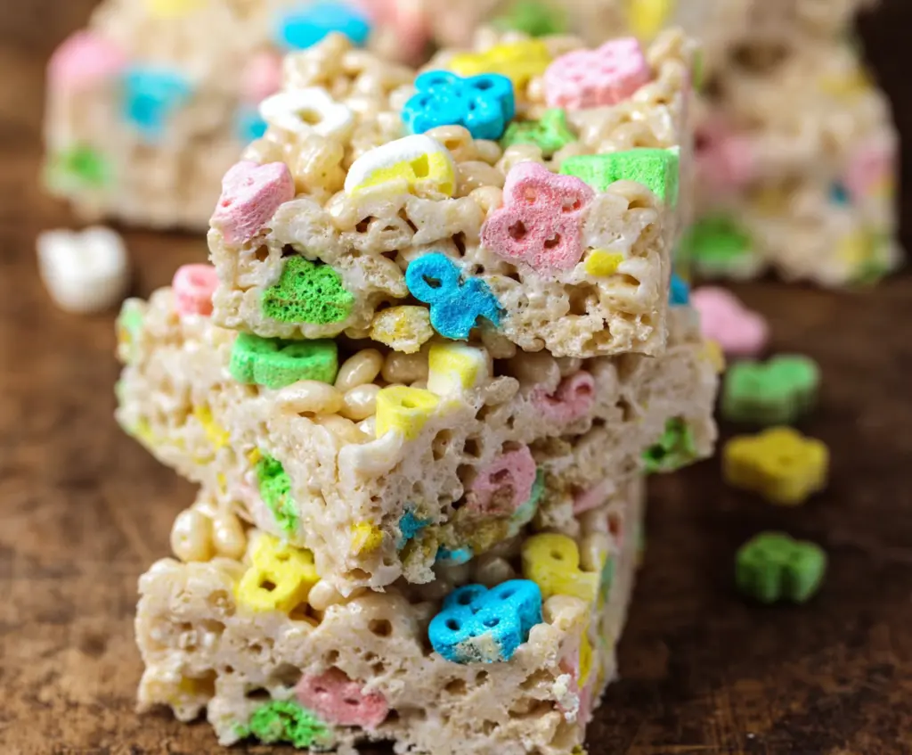 Colorful Lucky Charms Rice Krispie Treats with marshmallows and crispy rice cereal, perfect for a sweet snack or party treat.