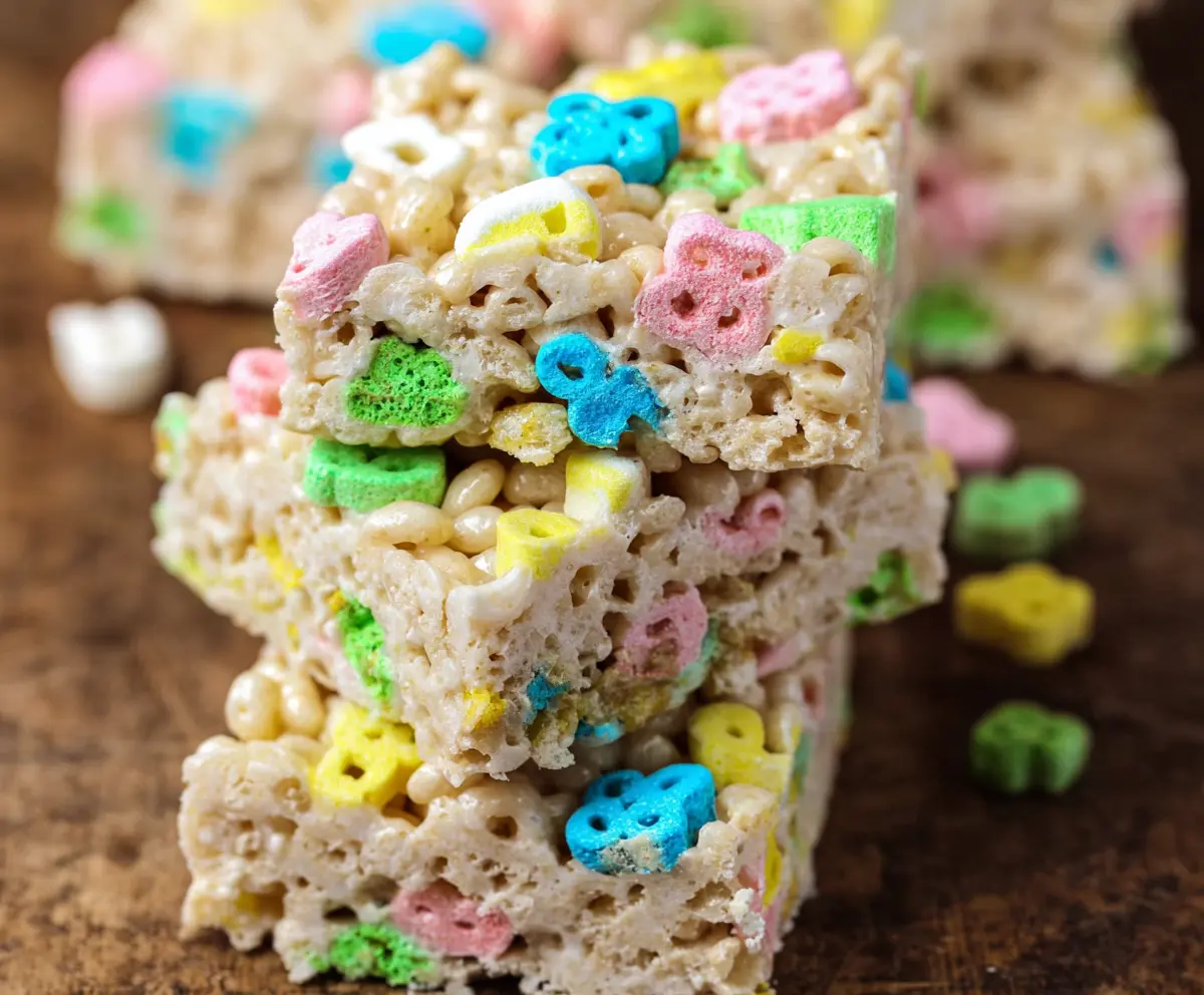 Colorful Lucky Charms Rice Krispie Treats with marshmallows and crispy rice cereal, perfect for a sweet snack or party treat.
