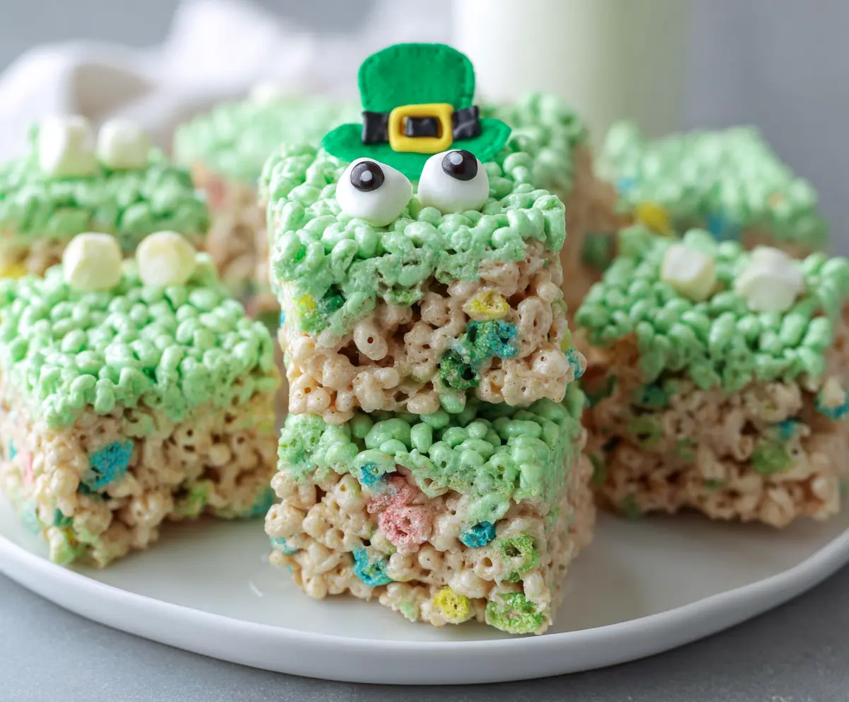 Festive Lucky Leprechaun Rice Krispie Treats with vibrant green decorations for St. Patrick's Day.