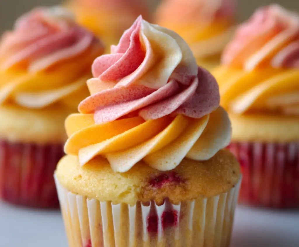 Delicious Mango and Strawberry Sunset Cupcakes topped with fresh fruit and colorful frosting.