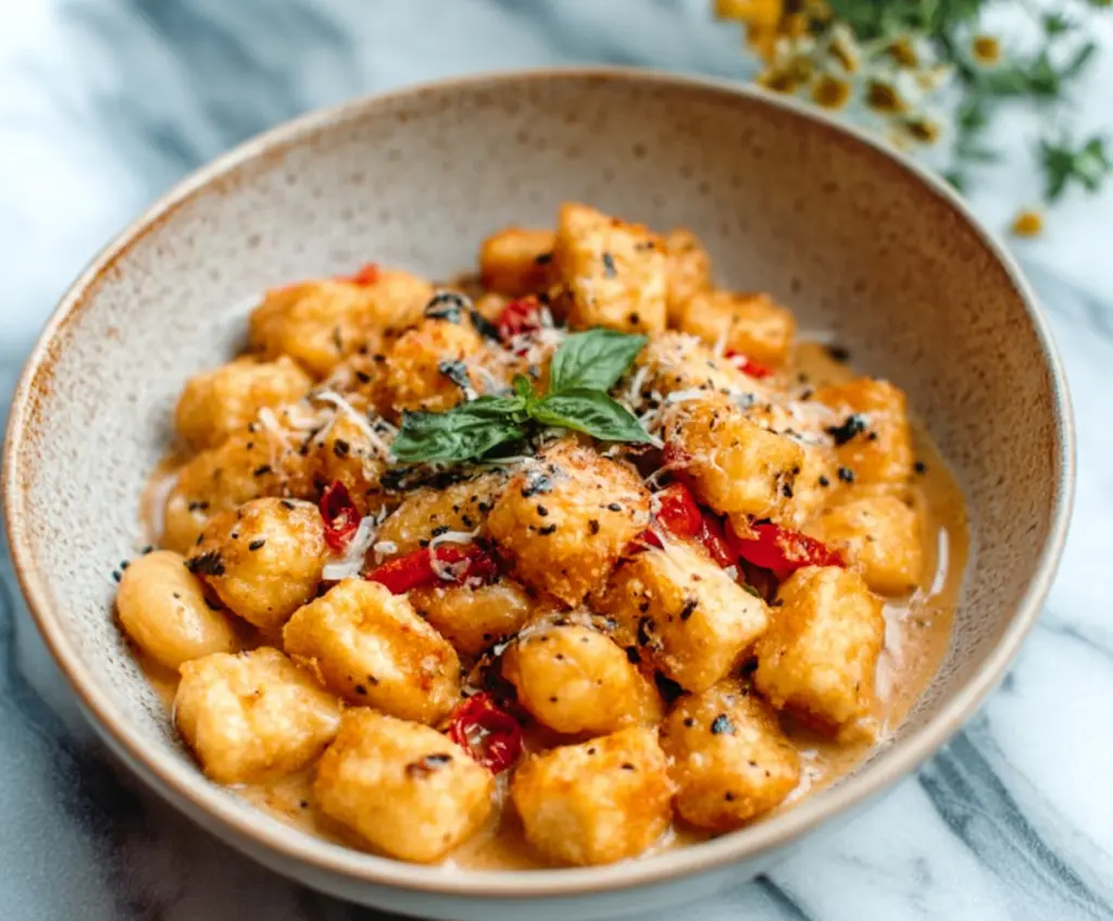 Delicious Marry Me Crispy Tofu served with golden gnocchi on a white plate