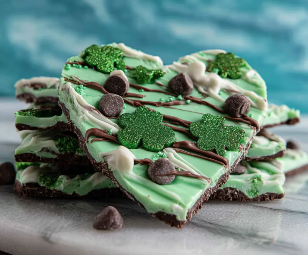 Mint Chocolate Shamrock Bark coated with dark chocolate and garnished with green mint leaves, perfect for St. Patrick's Day treats.