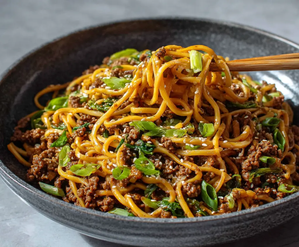 Delicious Mongolian Ground Beef Noodles in a bowl with vibrant vegetables and savory sauce.
