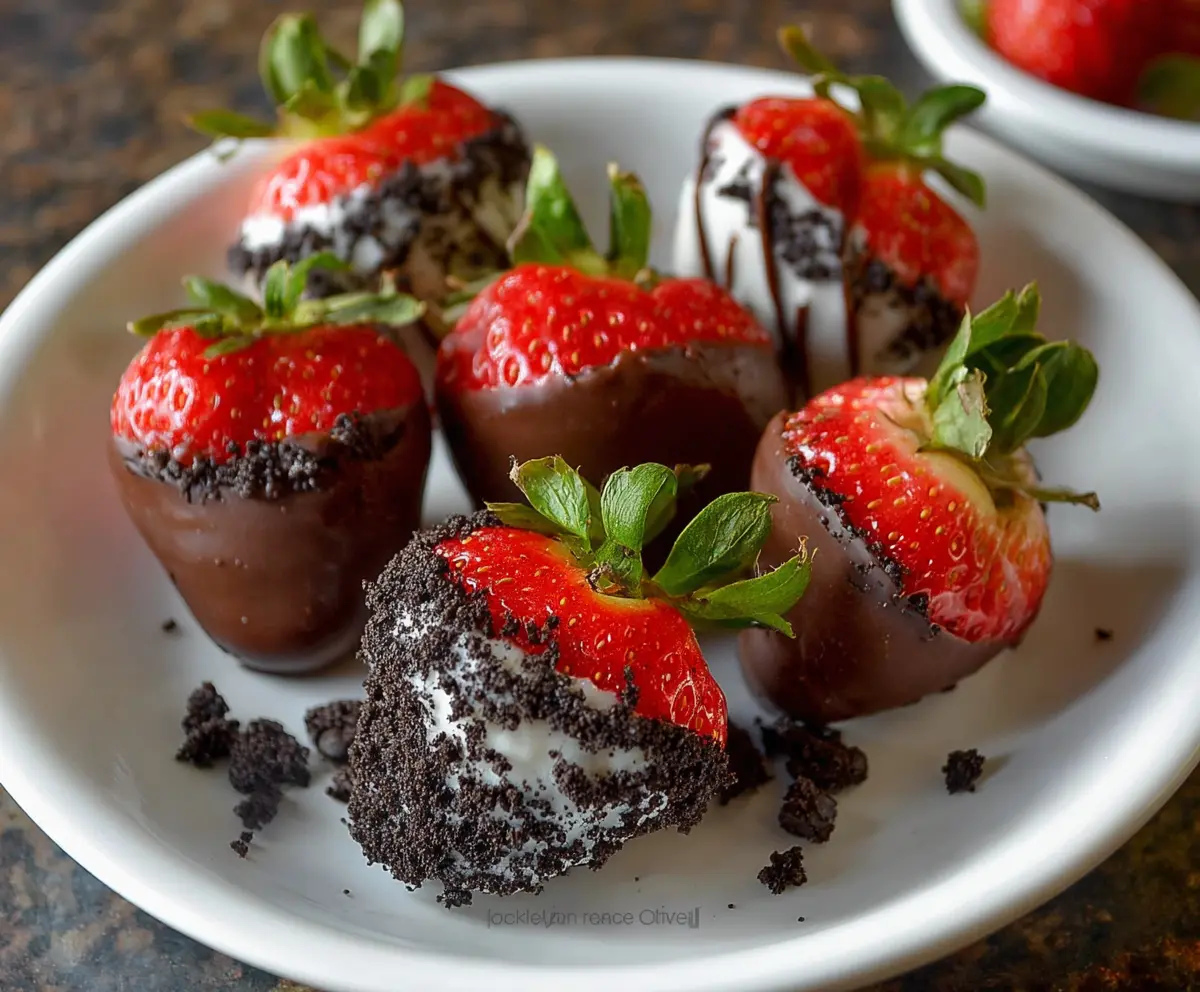 Delicious Oreo truffle-stuffed strawberries on a white plate, perfect for a tasty dessert, with fresh strawberries and creamy Oreo filling.