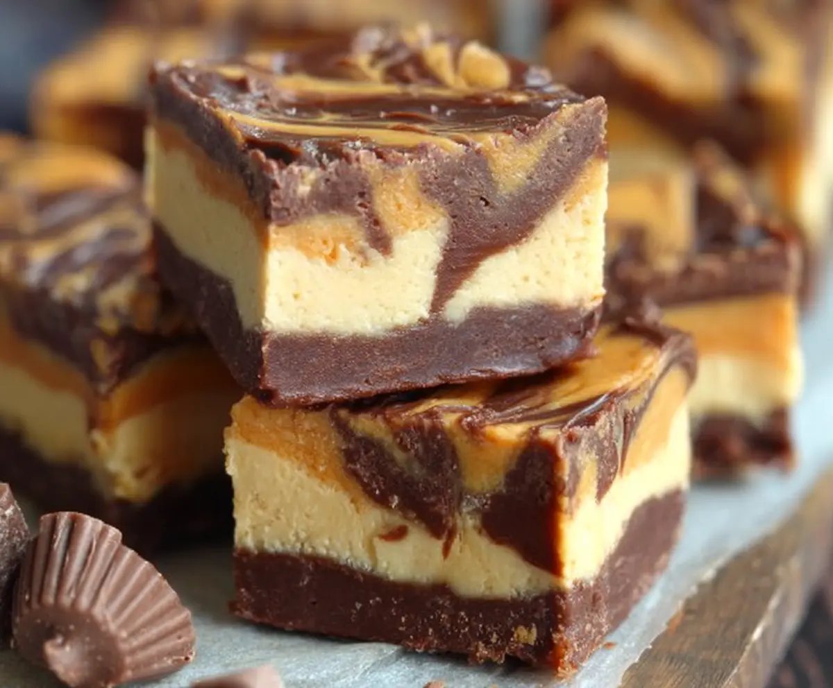 Delicious Peanut Butter Cup Cheesecake Fudge with creamy texture and chocolate topping.