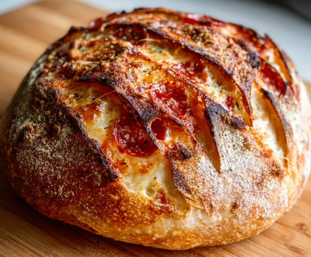 Delicious homemade pepperoni pizza on sourdough bread with melted cheese and crispy edges.