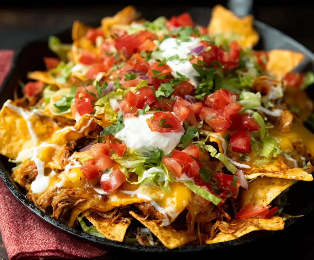 Delicious Pulled Pork Nacho Supreme topped with melted cheese, jalapenos, and fresh salsa.