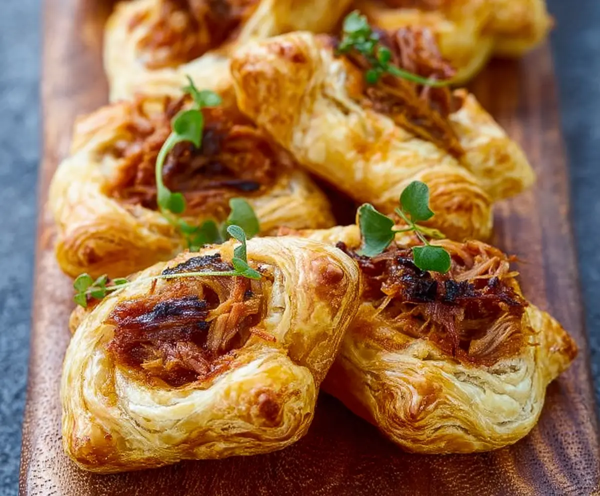 Delicious pulled pork pastry puffs with golden flaky crust and savory filling, perfect for parties and appetizers.