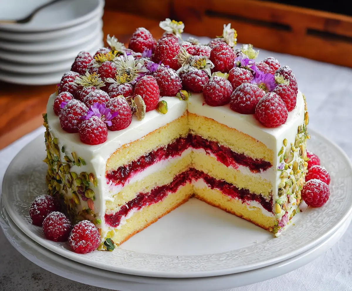 Delicious raspberry layer cake topped with fresh raspberries and whipped cream.