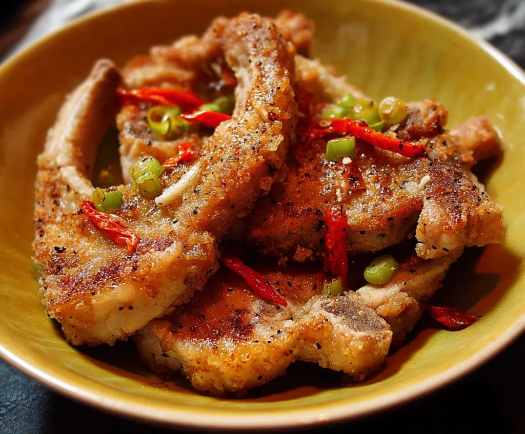 Juicy Salt and Pepper Pork Chops garnished with herbs on a rustic plate.