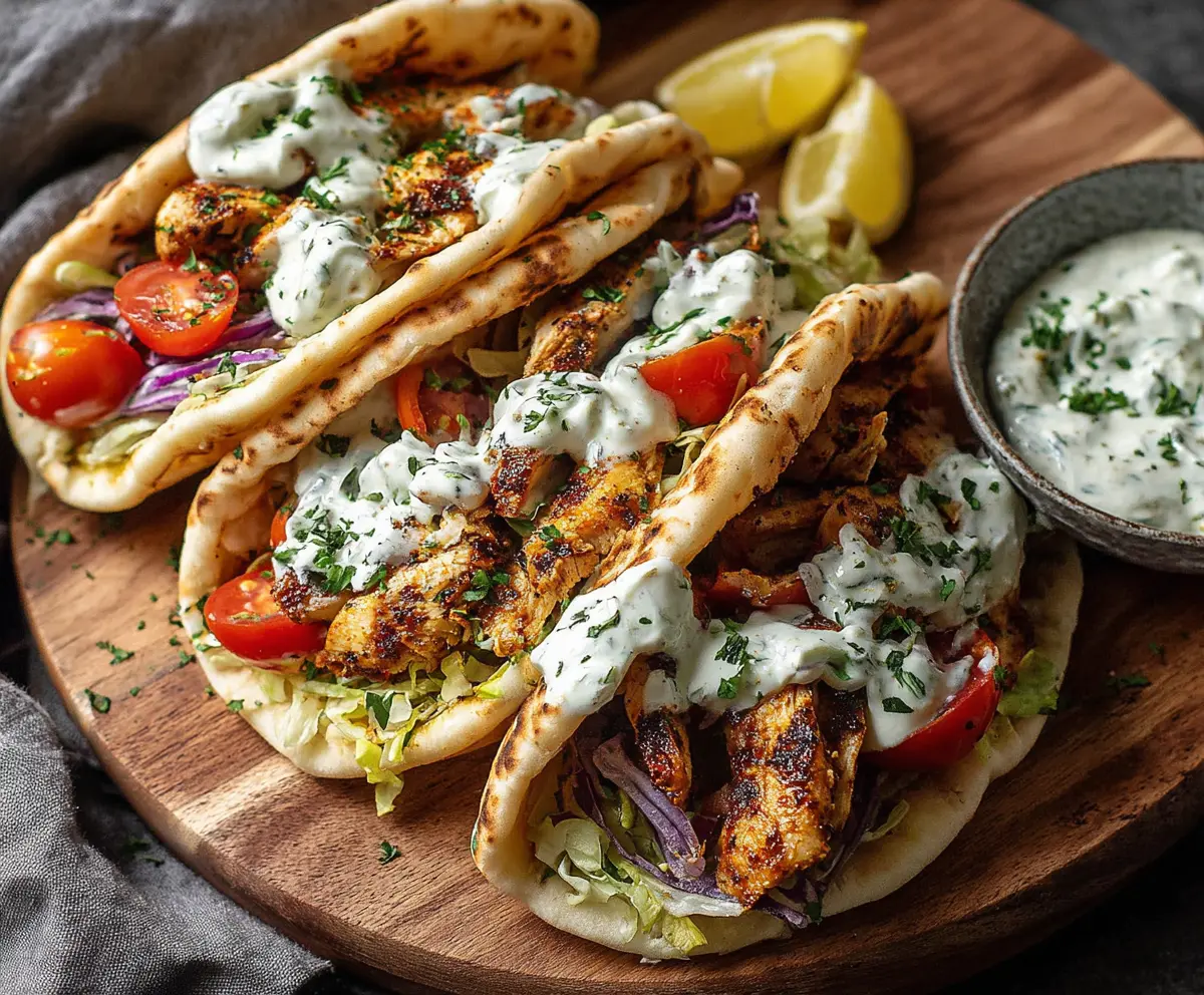 Delicious sheet pan chicken pitas topped with fresh herbs and creamy ranch dressing.