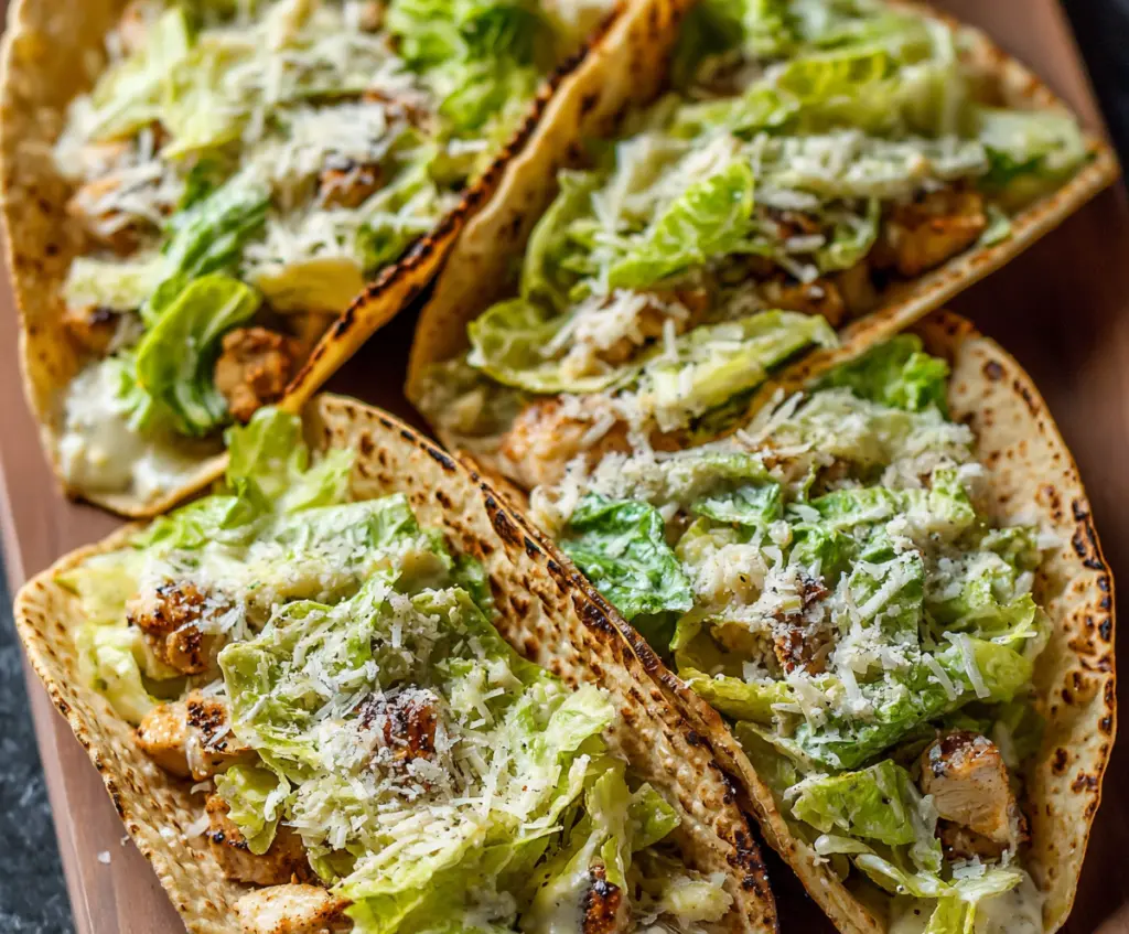 Delicious Smash Chicken Caesar Tacos topped with fresh lettuce and creamy Caesar dressing.