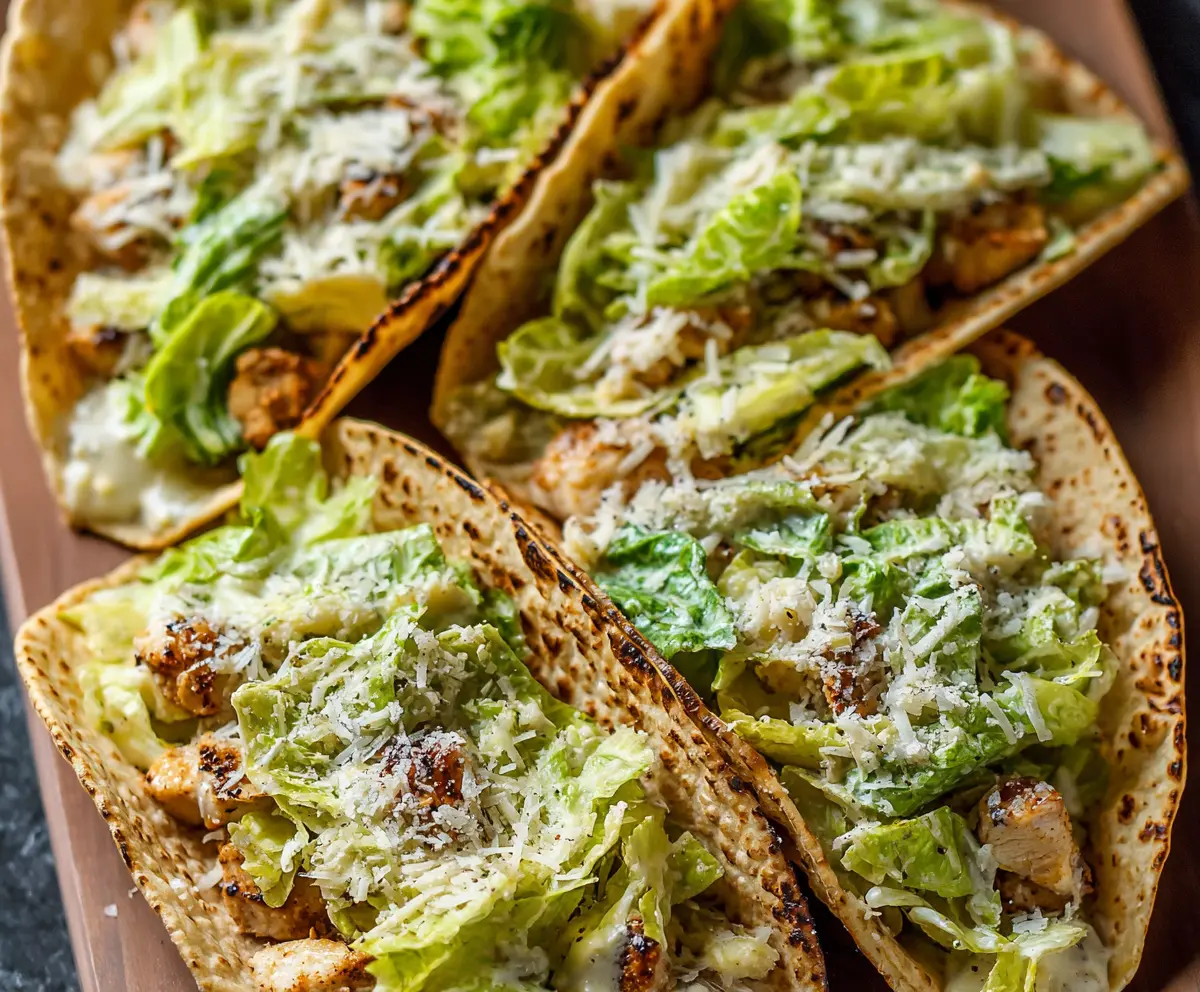 Delicious Smash Chicken Caesar Tacos topped with fresh lettuce and creamy Caesar dressing.