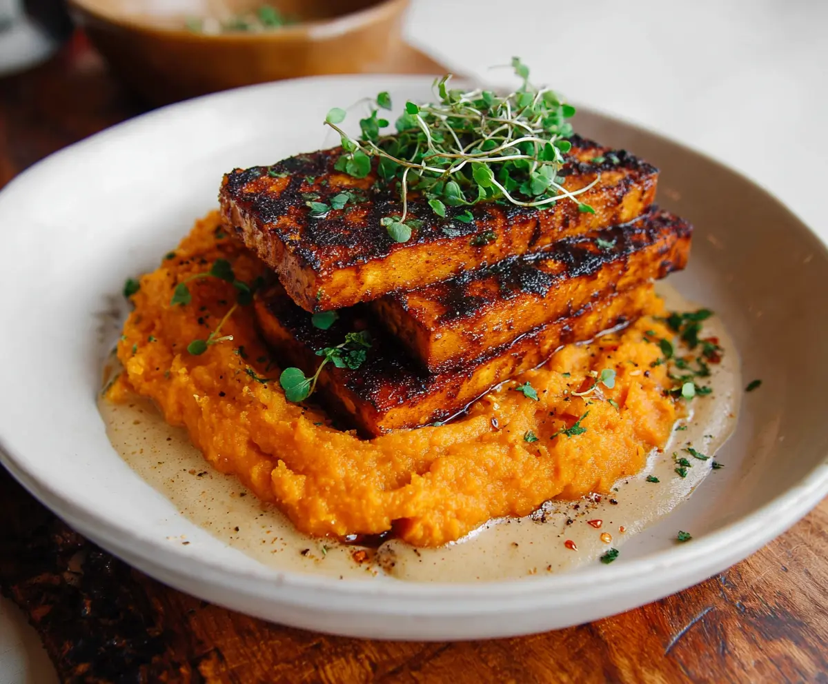 Delicious smoky tofu steak served with creamy mashed sweet potatoes on a rustic plate.
