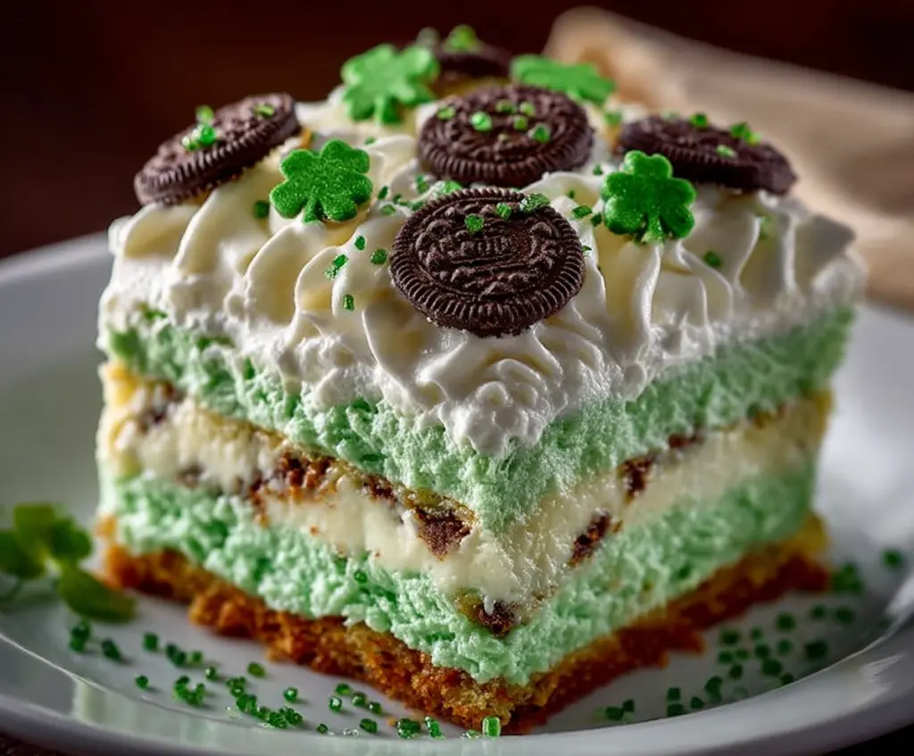 Delicious St. Patrick's Day Shamrock Lasagna Dessert with vibrant green layers and festive decoration.