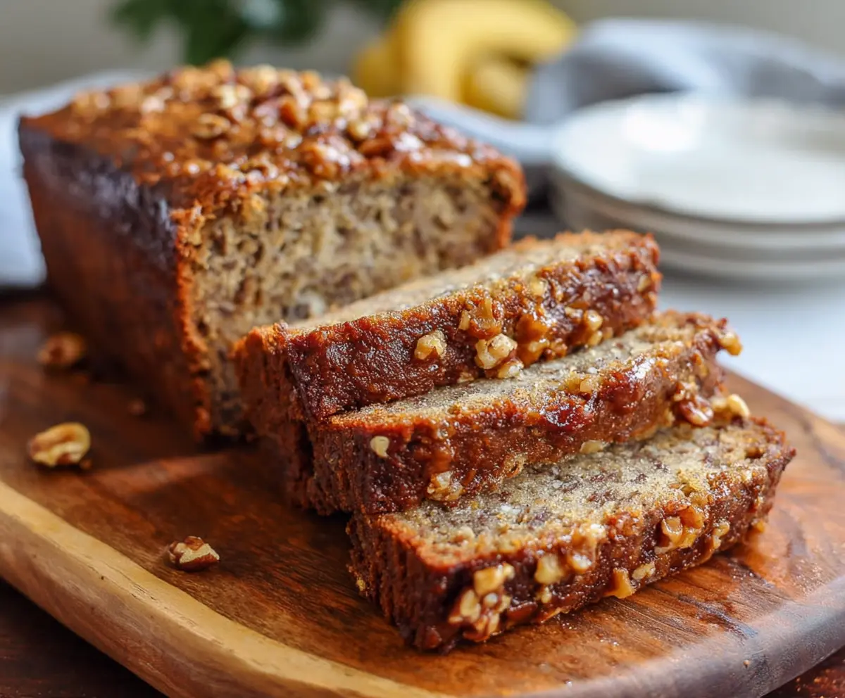 Delicious homemade Starbucks copycat banana bread with banana slices and a golden crust.