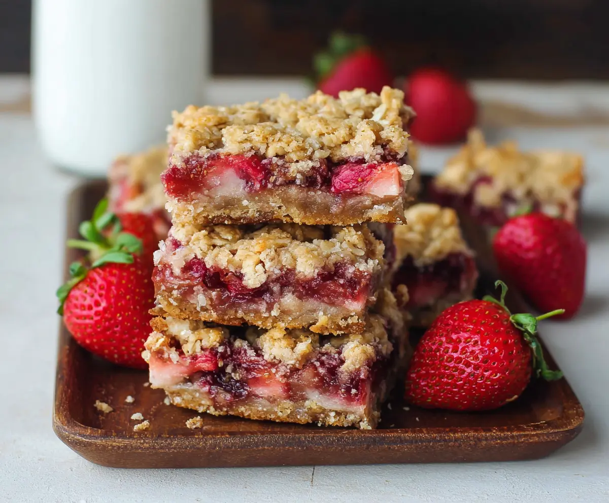 Delicious Strawberry Oatmeal Crumble Bars with fresh strawberries and crunchy oat topping.
