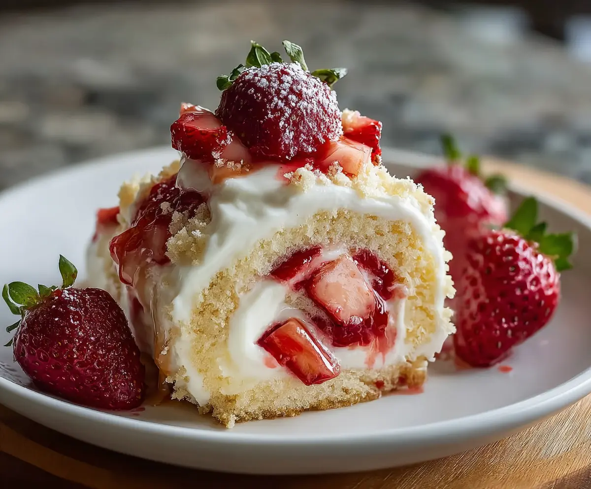 Delicious strawberry shortcake cheesecake rolls with fresh strawberries and whipped cream.