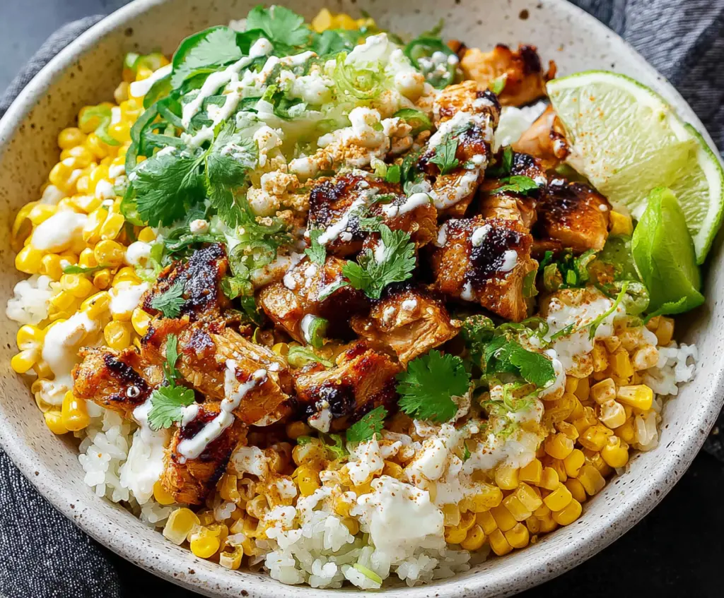 Street Corn Chicken Rice Bowl with grilled chicken, sweet corn, and fresh herbs in a vibrant bowl.