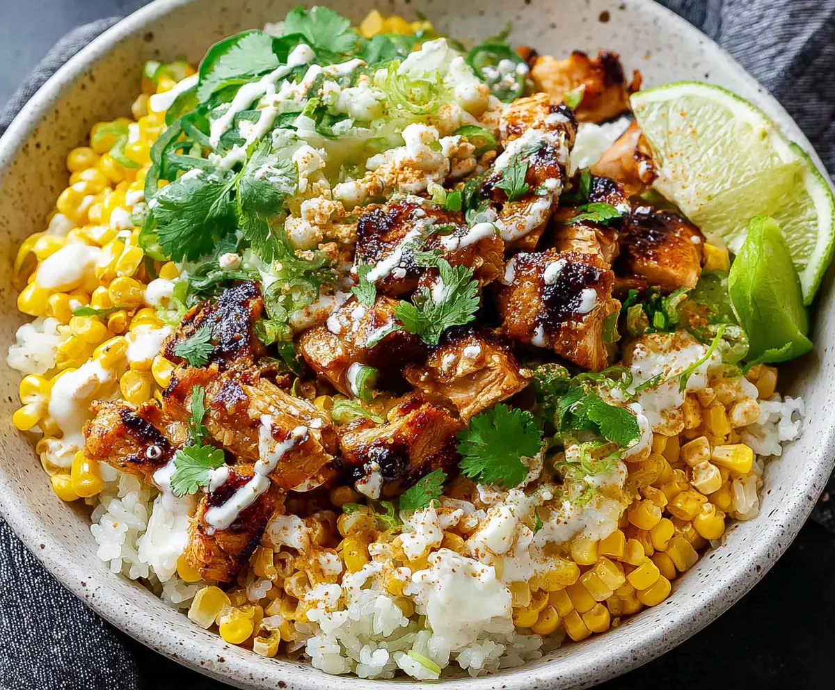 Street Corn Chicken Rice Bowl with grilled chicken, sweet corn, and fresh herbs in a vibrant bowl.