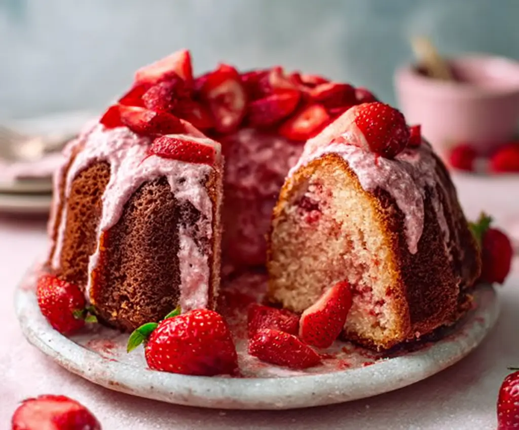 Delicious homemade sweet strawberry pound cake with fresh strawberries on top