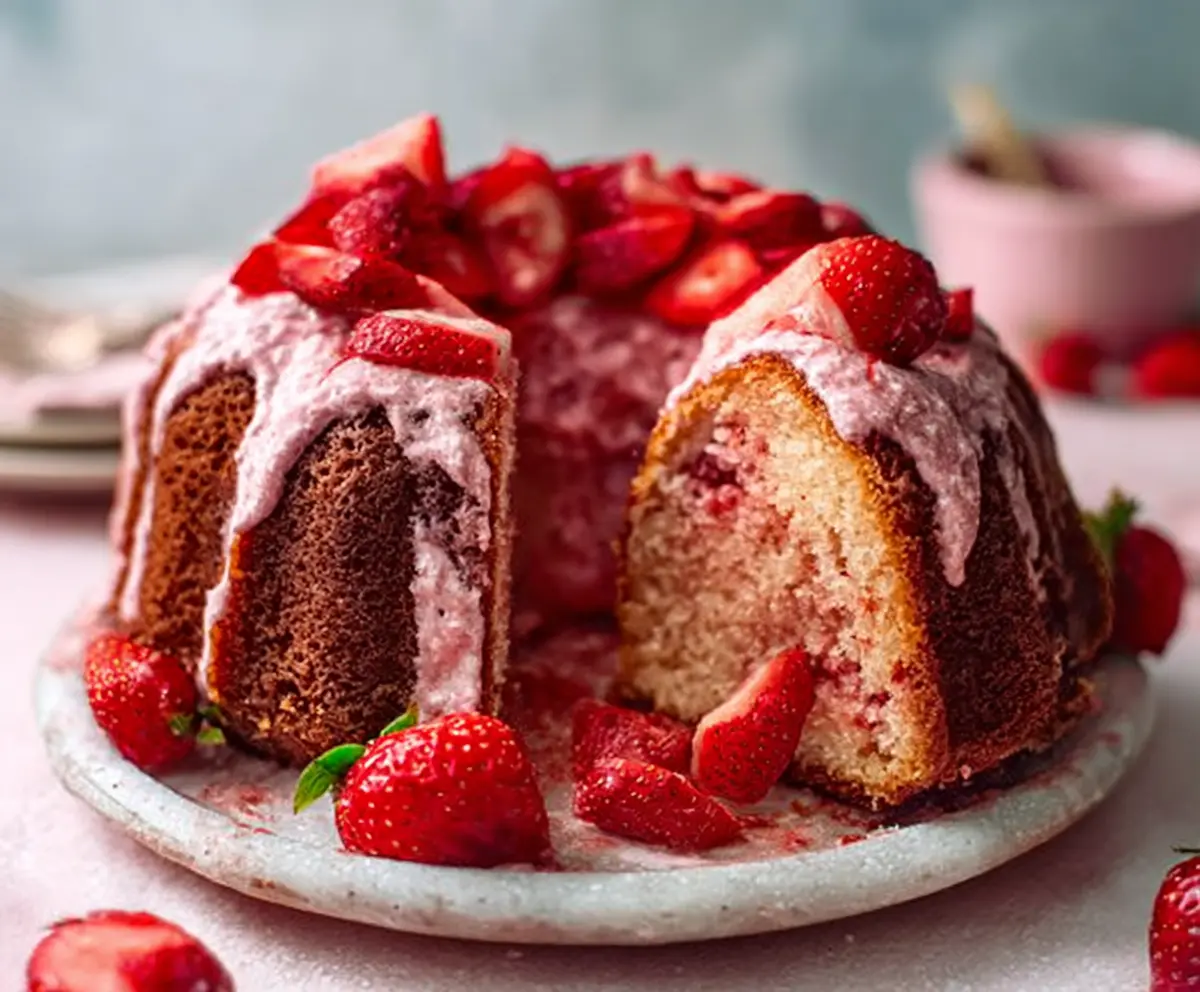 Delicious homemade sweet strawberry pound cake with fresh strawberries on top
