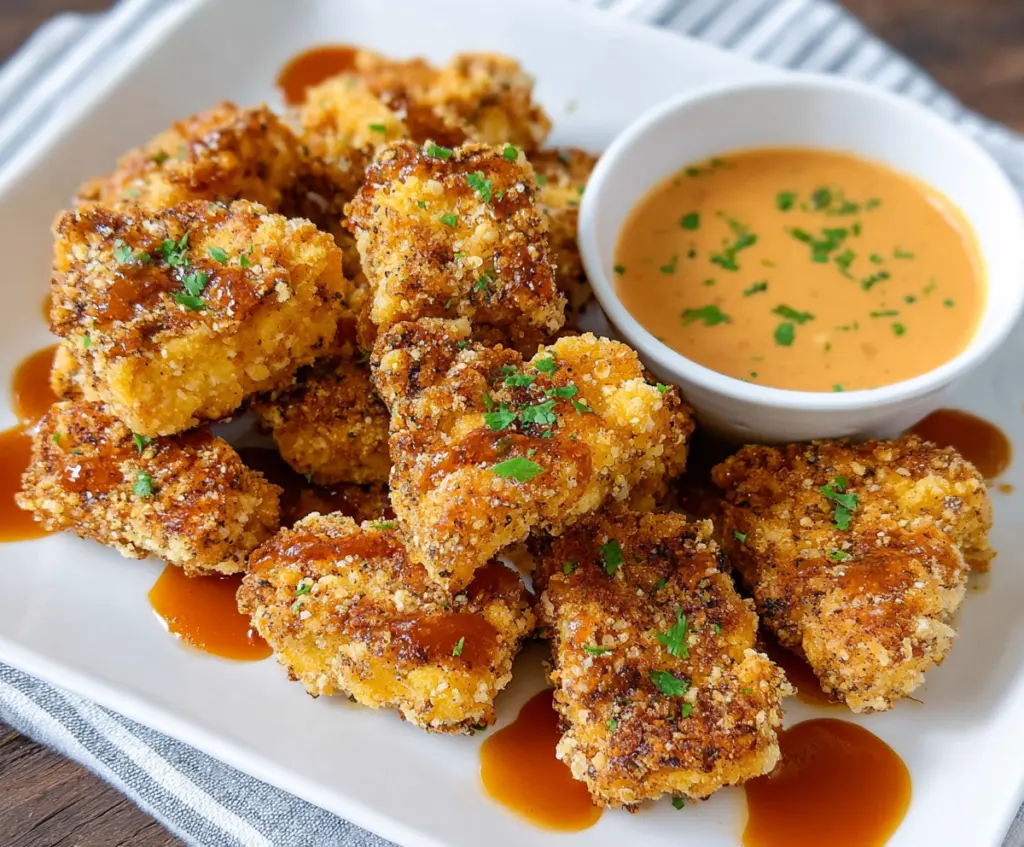 Crispy tofu fried chicken served on a plate with dipping sauce, perfect for a vegetarian main dish.