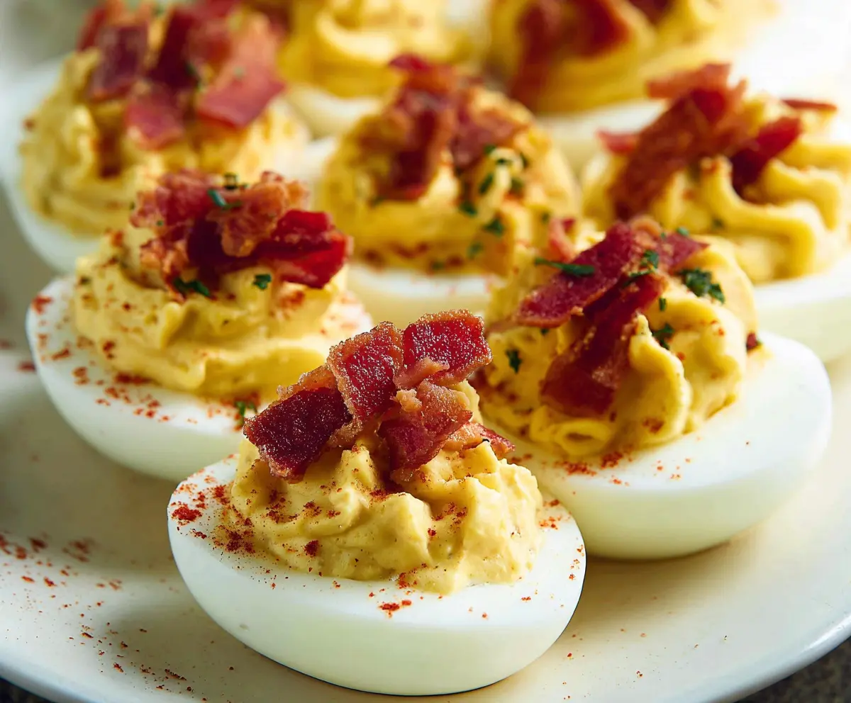 Delicious Bacon Ranch Deviled Eggs garnished with crispy bacon and fresh herbs on a white plate.