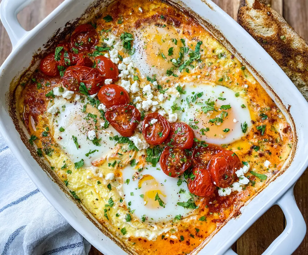 Delicious Baked Feta Eggs in a skillet topped with herbs and cherry tomatoes