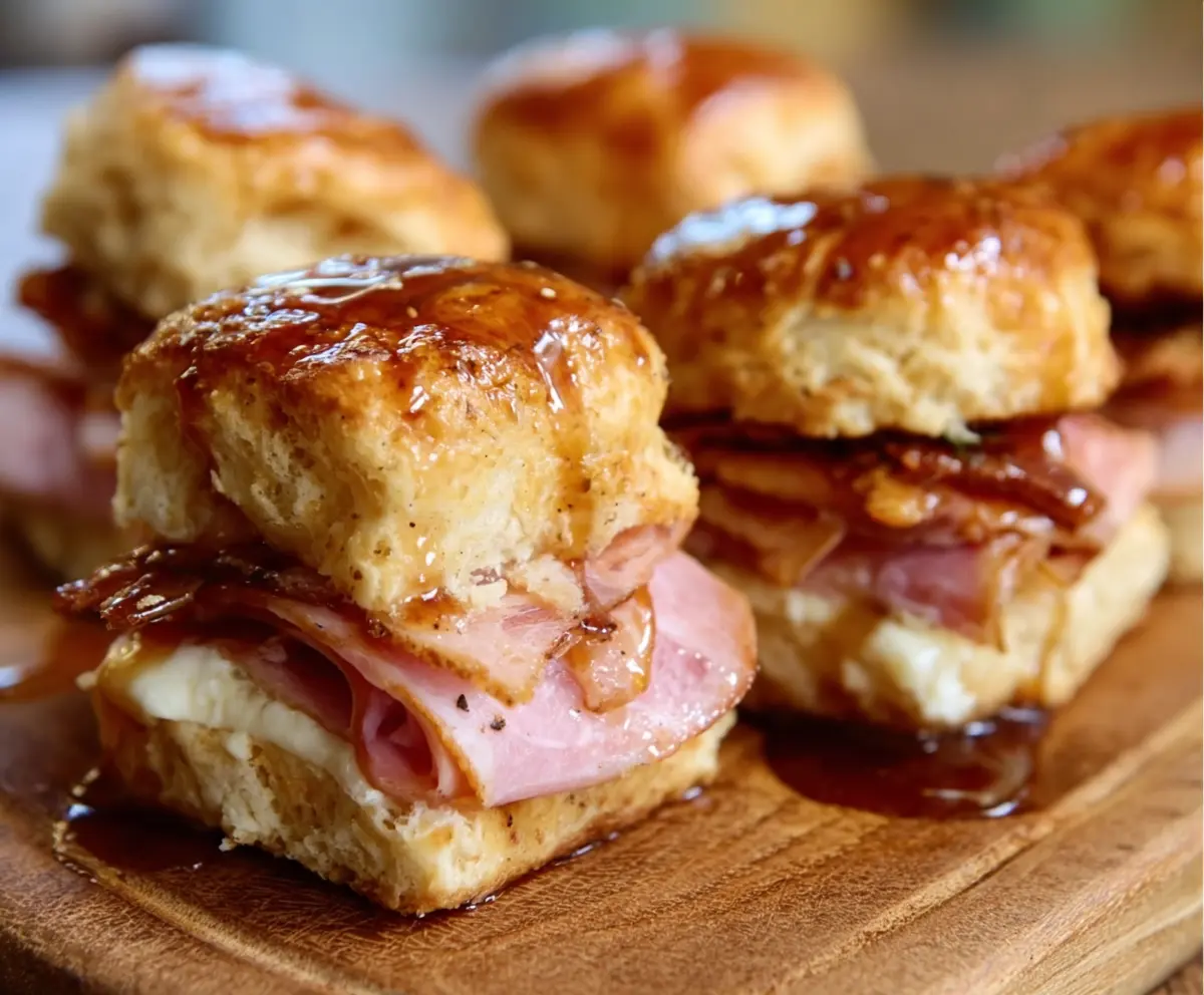 Delicious Brown Sugar Glazed Ham Biscuit Sliders ready to serve as perfect party appetizers