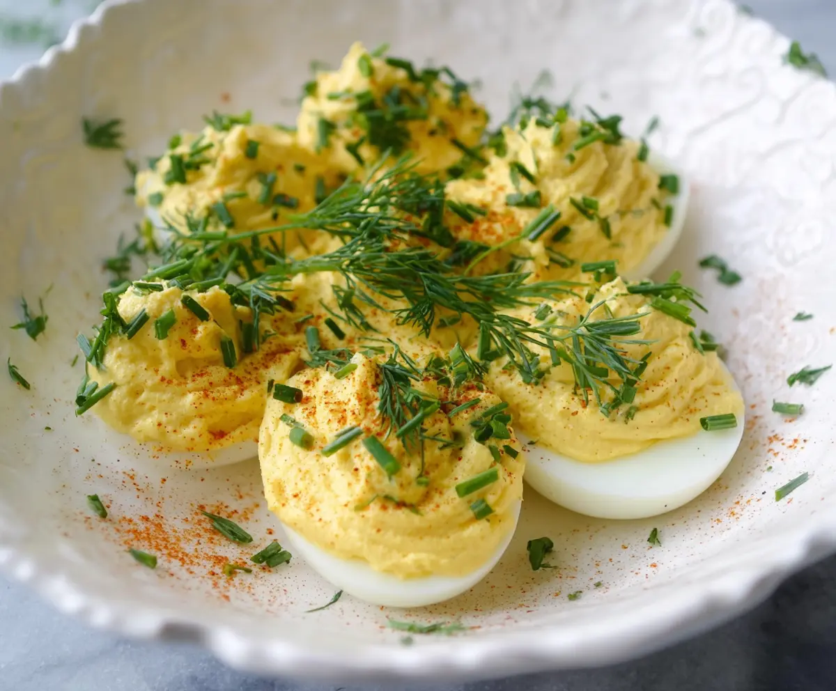 Delicious deviled eggs garnished with fresh herbs and Dijon mustard on a white plate