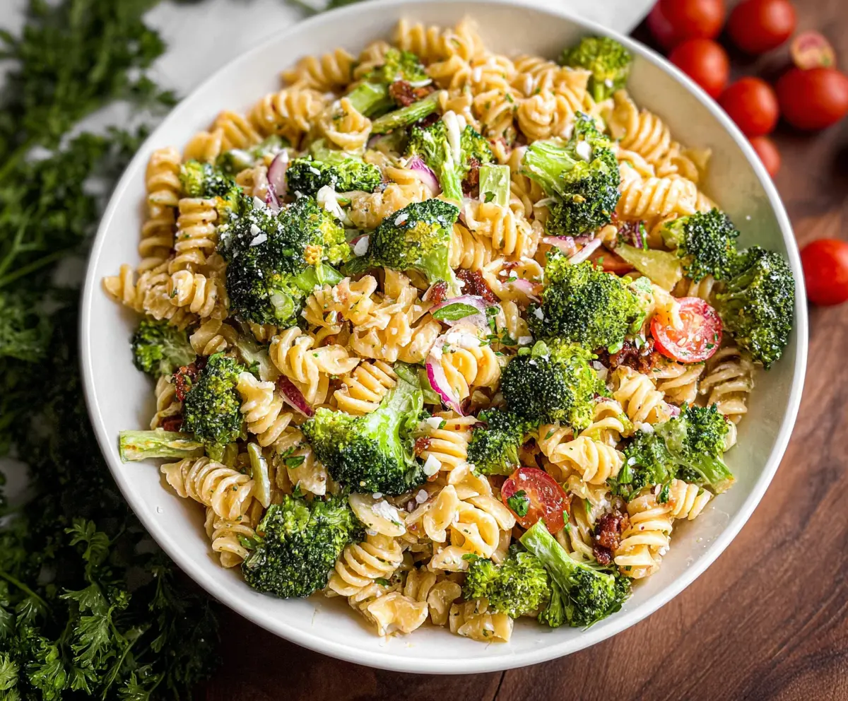 Fresh broccoli pasta salad with vibrant green broccoli florets and pasta in a colorful bowl.
