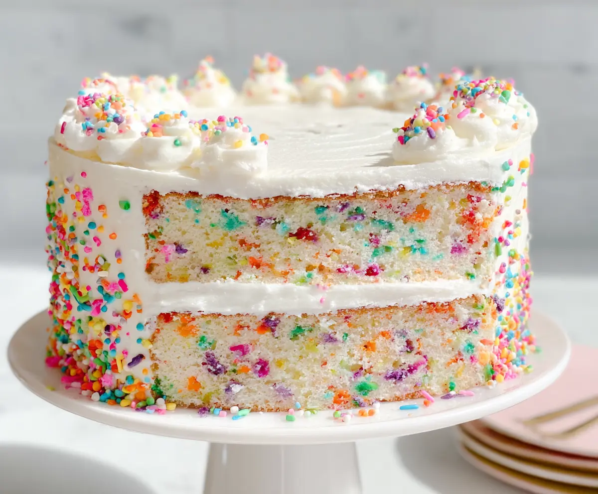 Colorful Funfetti Sprinkle Birthday Cake with vibrant sprinkles and festive frosting.
