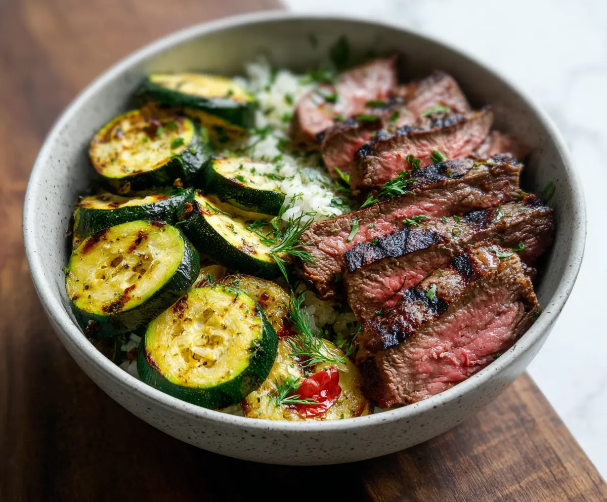 Delicious grilled steak bowl topped with fresh zucchini slices, perfect for a healthy meal.