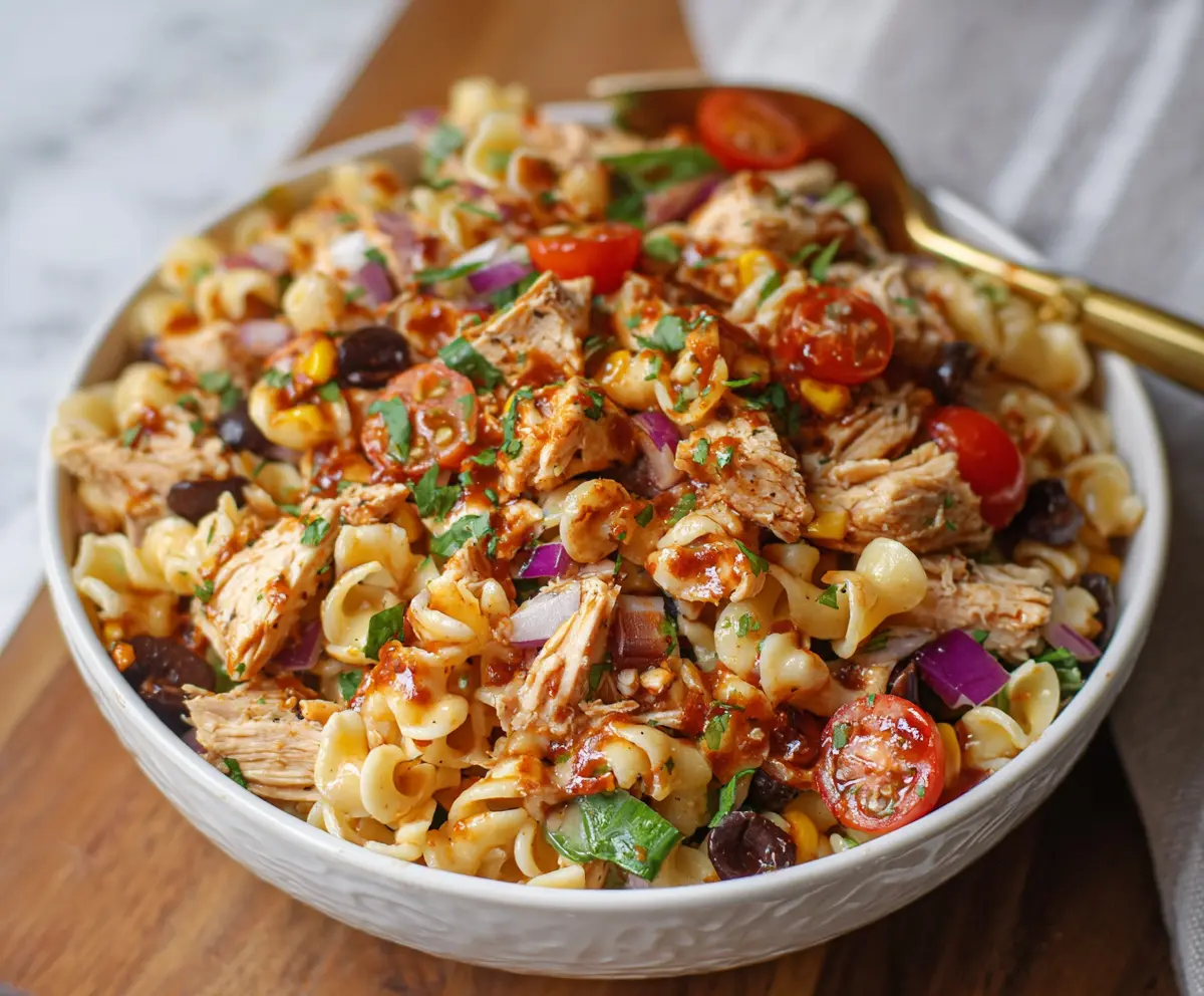 High Protein BBQ Chicken Pasta Salad