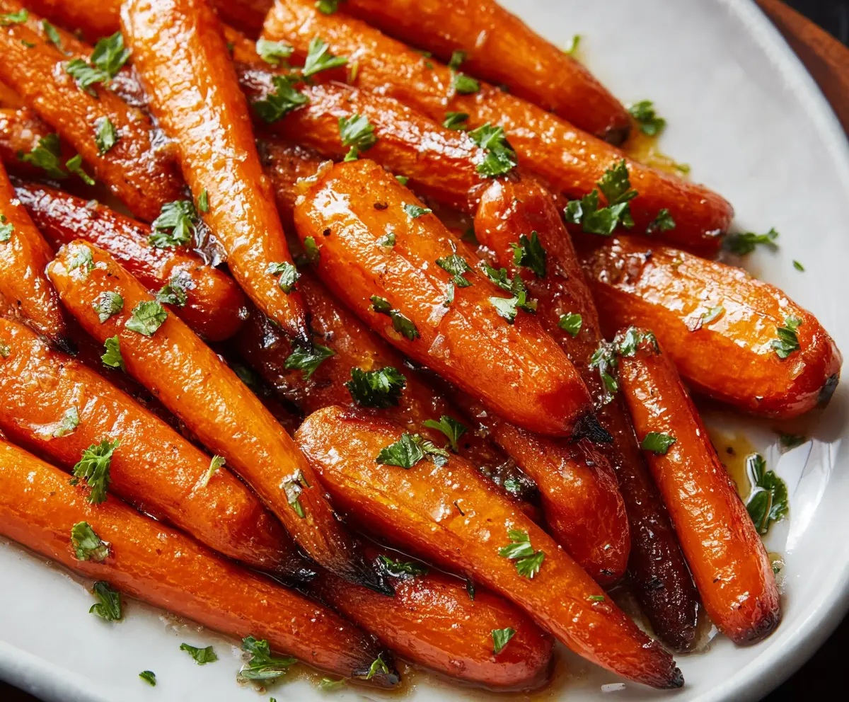 Golden roasted carrots glazed with honey, garnished with fresh herbs for a delicious side dish.